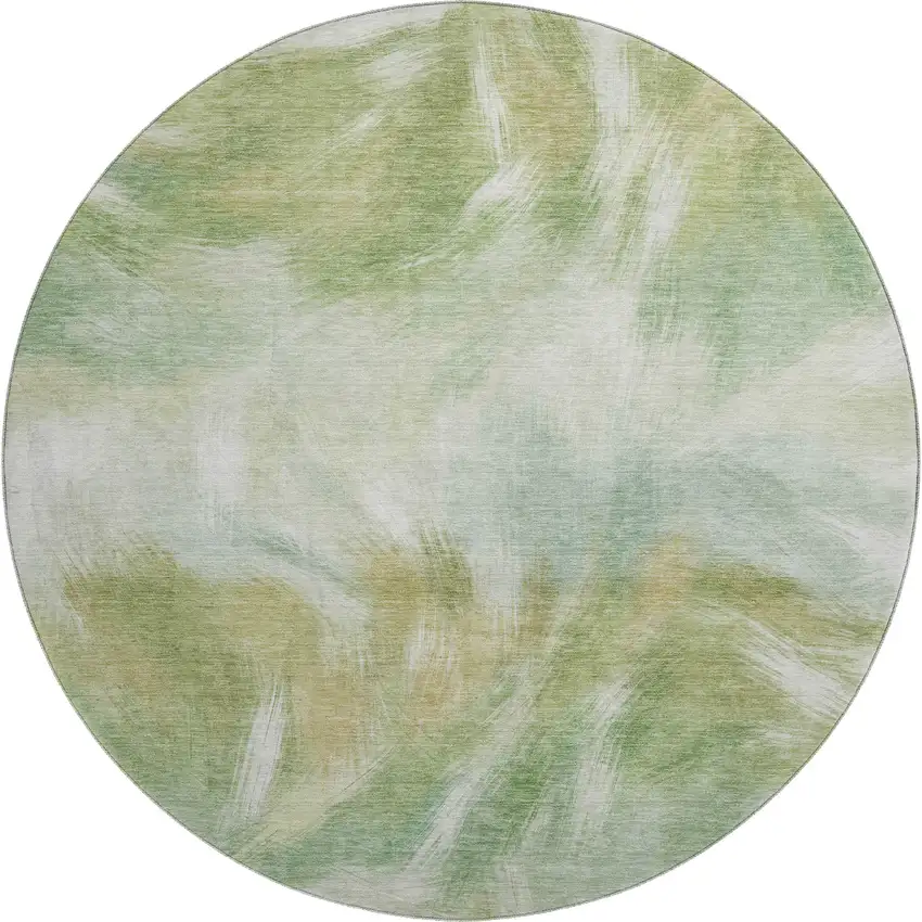 8' Green And Ivory Abstract Washable Round Rug With UV Protection Photo 1