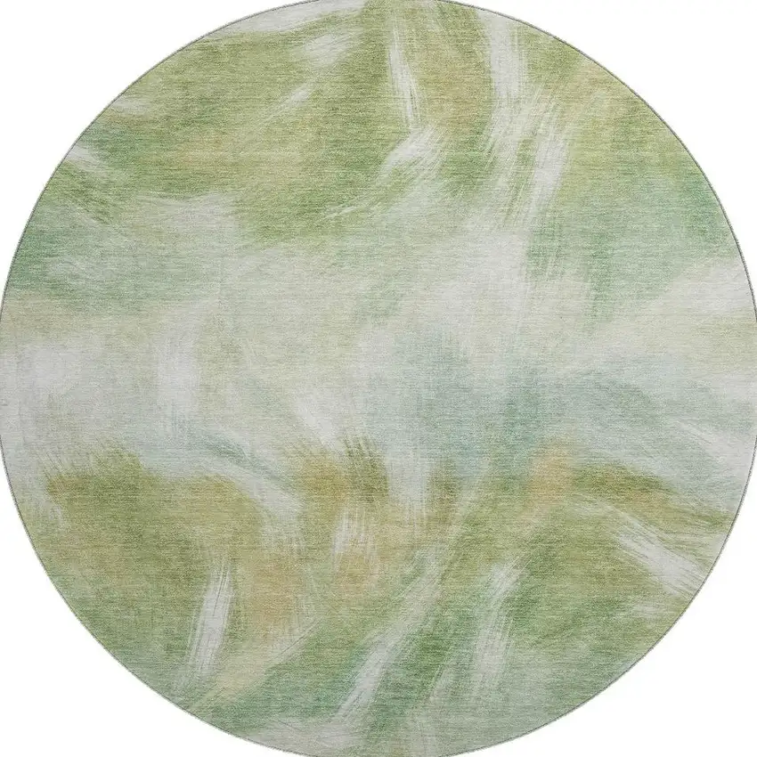 8' Green And Ivory Abstract Washable Round Rug With UV Protection Photo 4