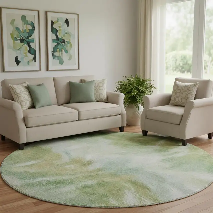 8' Green And Ivory Abstract Washable Round Rug With UV Protection Photo 2