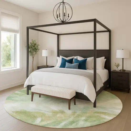 8' Green And Ivory Abstract Washable Round Rug With UV Protection Photo 5