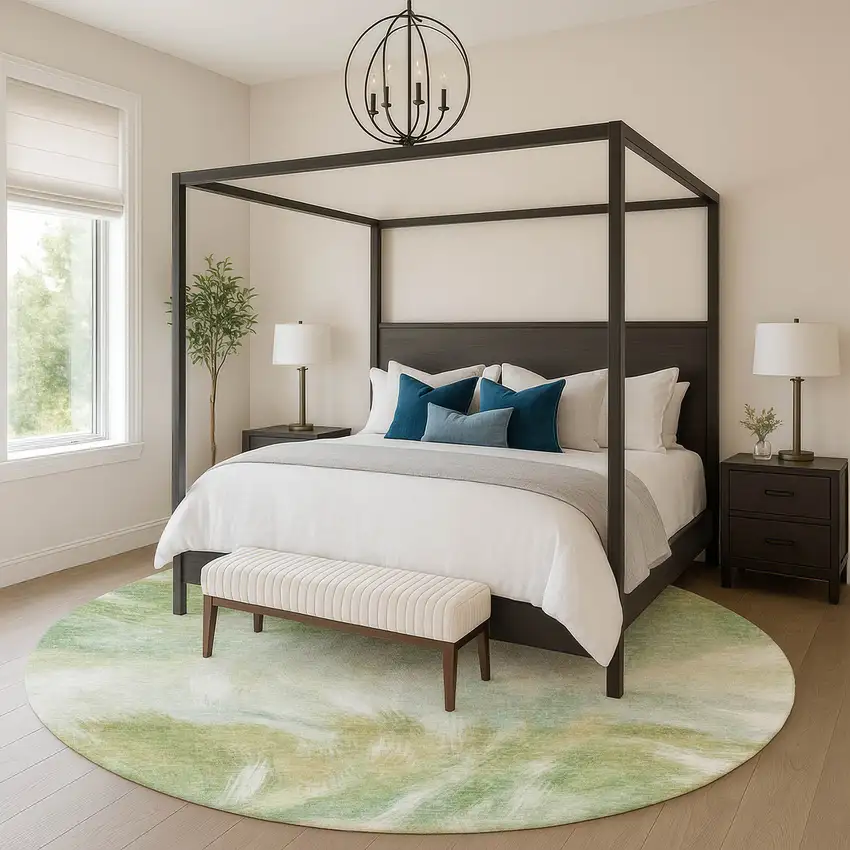 8' Green And Ivory Abstract Washable Round Rug With UV Protection Photo 5