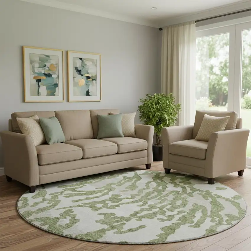 8' Green And Ivory Animal Print Washable Round Rug With UV Protection Photo 1