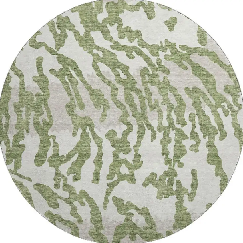 8' Green And Ivory Animal Print Washable Round Rug With UV Protection Photo 4