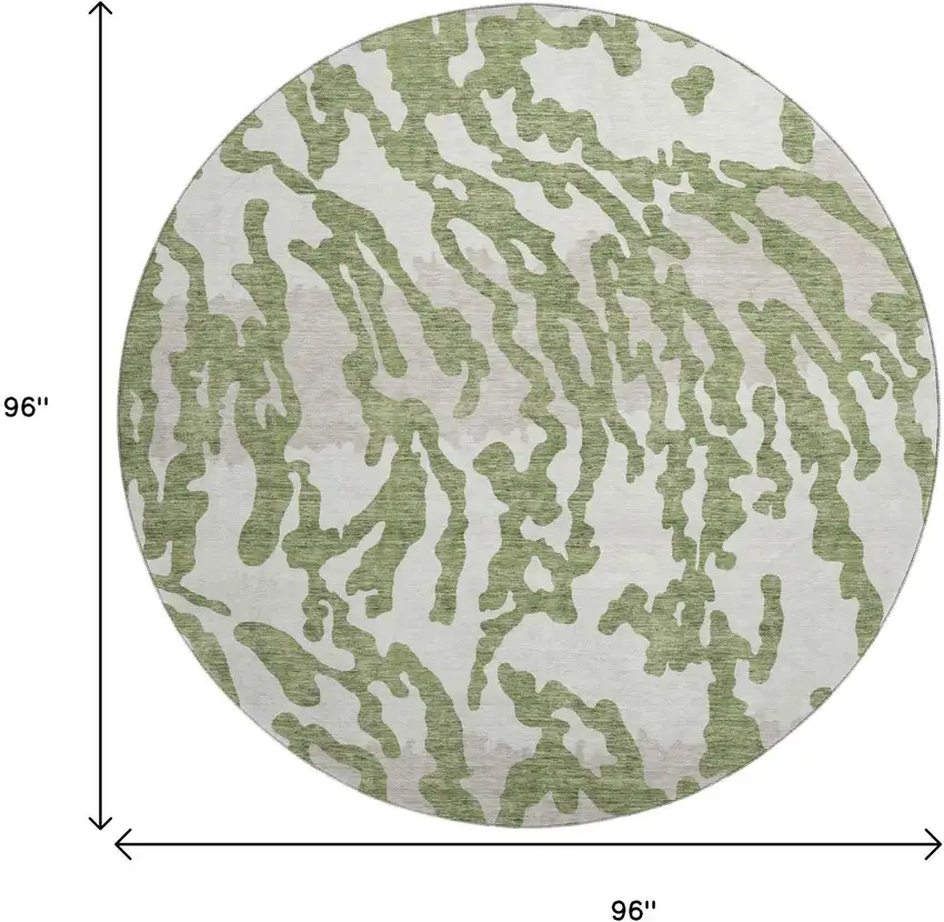 8' Green And Ivory Animal Print Washable Round Rug With UV Protection Photo 9