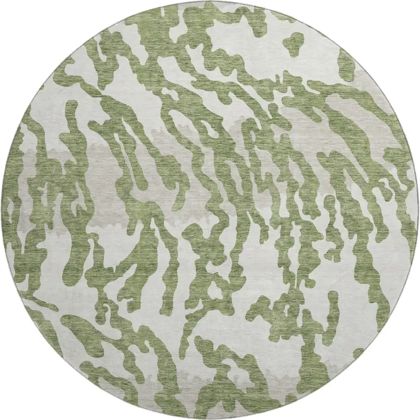 8' Green And Ivory Animal Print Washable Round Rug With UV Protection Photo 1