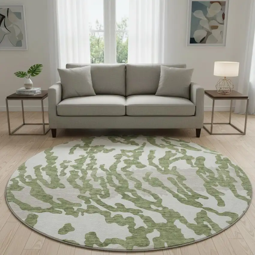 8' Green And Ivory Animal Print Washable Round Rug With UV Protection Photo 2