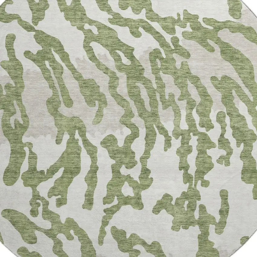 8' Green And Ivory Animal Print Washable Round Rug With UV Protection Photo 3