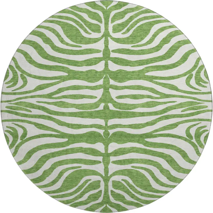 8' Green And Ivory Animal Print Washable Round Rug With UV Protection Photo 1
