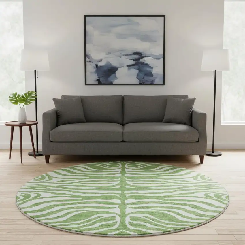 8' Green And Ivory Animal Print Washable Round Rug With UV Protection Photo 2
