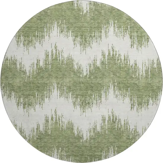 8' Green And Ivory Chevron Washable Round Rug With UV Protection Photo 1