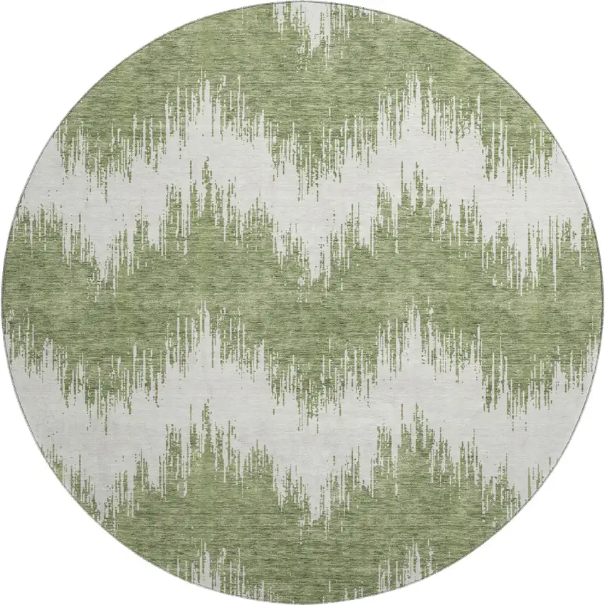 8' Green And Ivory Chevron Washable Round Rug With UV Protection Photo 1