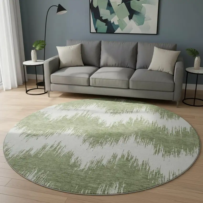 8' Green And Ivory Chevron Washable Round Rug With UV Protection Photo 2