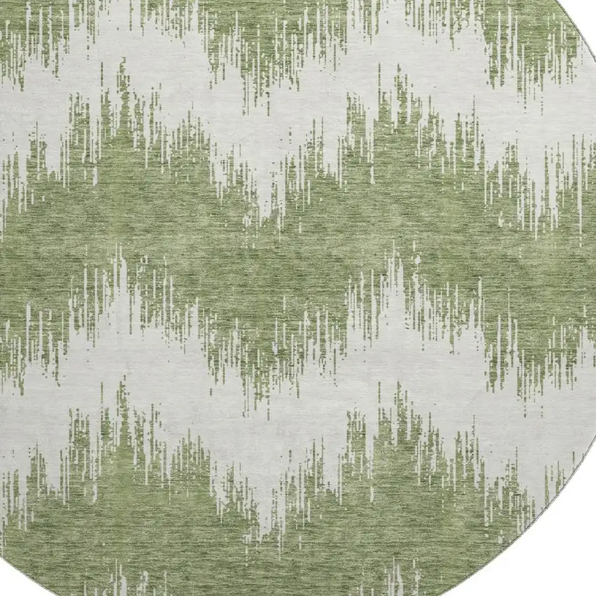 8' Green And Ivory Chevron Washable Round Rug With UV Protection Photo 3