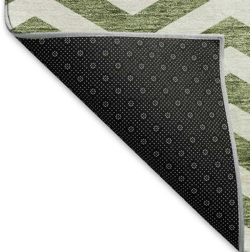 8' Green And Ivory Chevron Washable Round Rug With UV Protection Photo 6