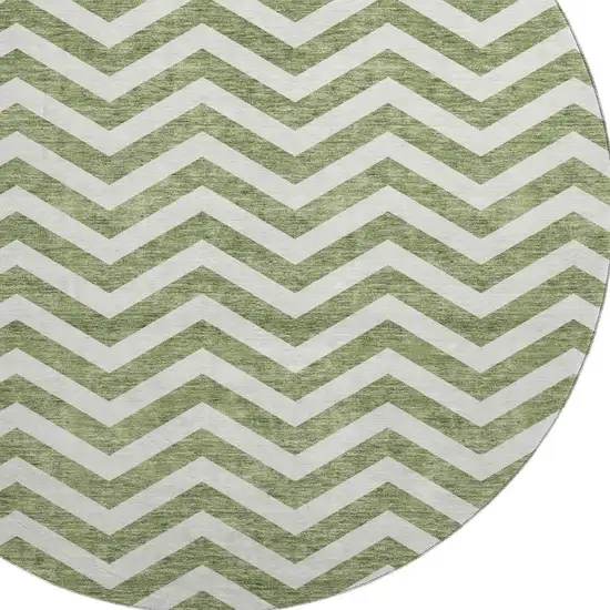 8' Green And Ivory Chevron Washable Round Rug With UV Protection Photo 3