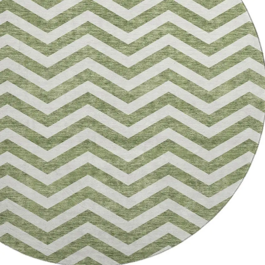 8' Green And Ivory Chevron Washable Round Rug With UV Protection Photo 3