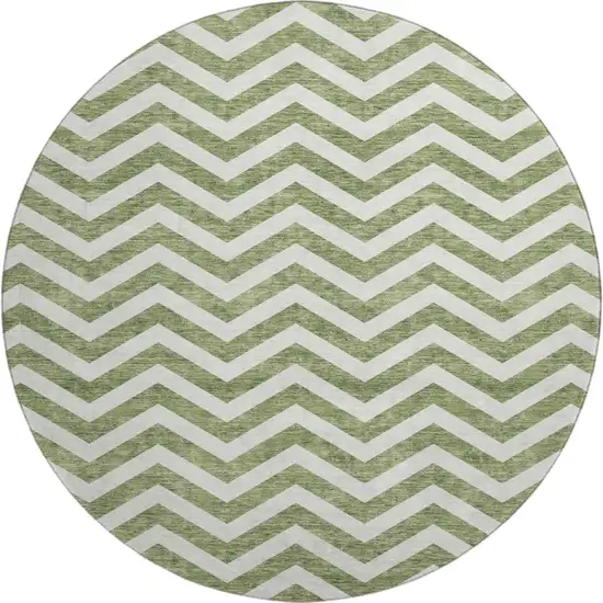 8' Green And Ivory Chevron Washable Round Rug With UV Protection Photo 1