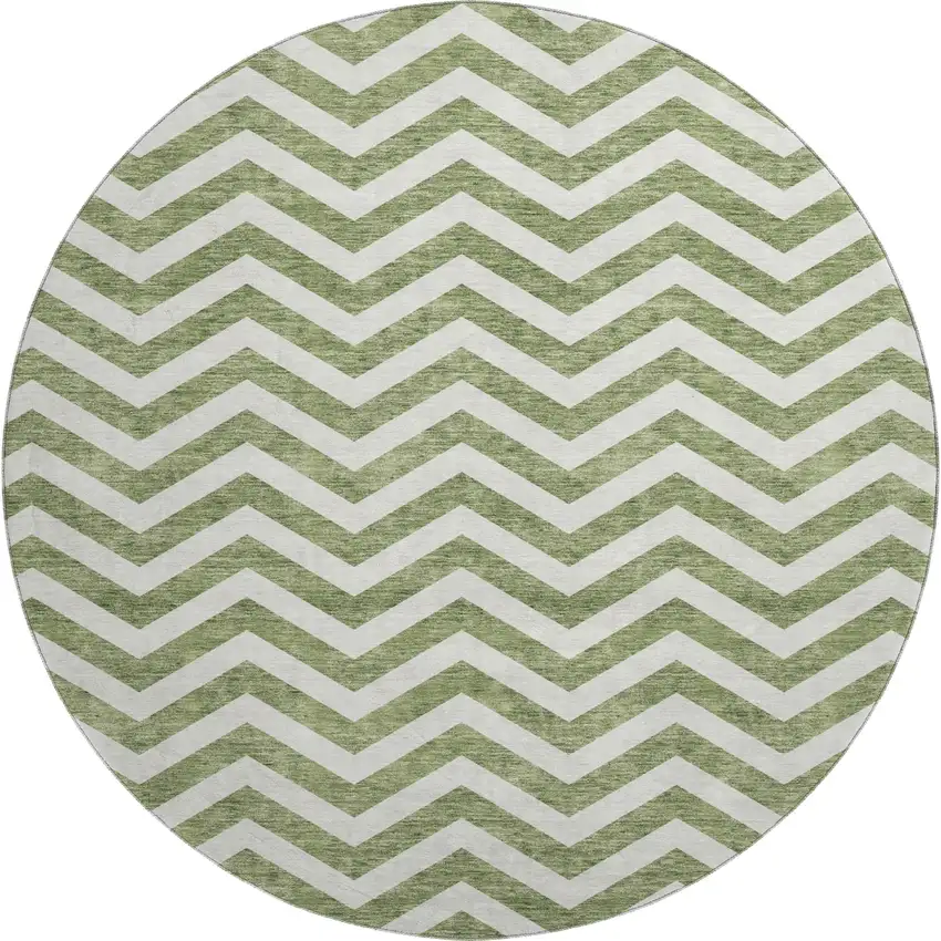 8' Green And Ivory Chevron Washable Round Rug With UV Protection Photo 1