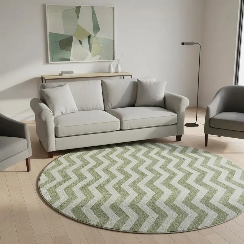 8' Green And Ivory Chevron Washable Round Rug With UV Protection Photo 2