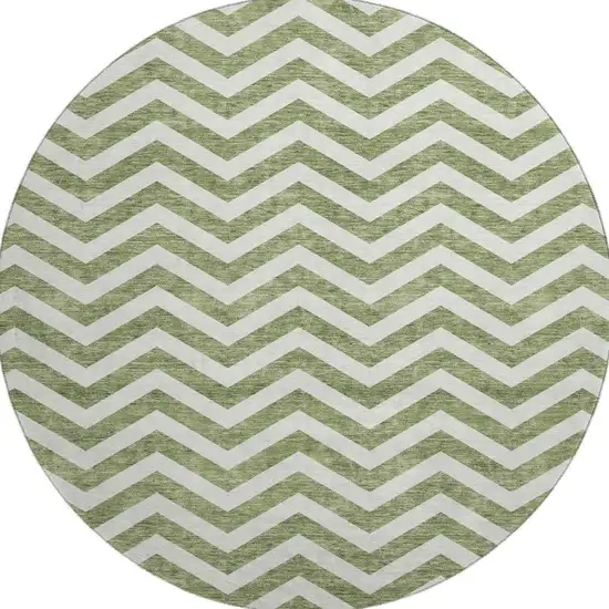 8' Green And Ivory Chevron Washable Round Rug With UV Protection Photo 4
