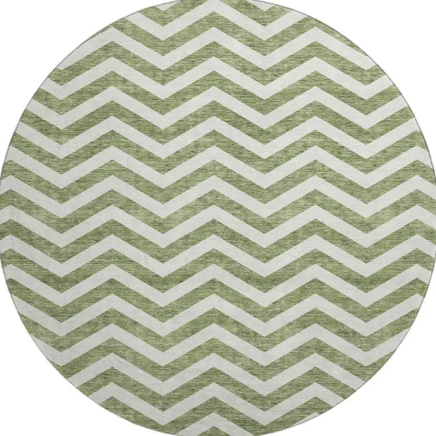 8' Green And Ivory Chevron Washable Round Rug With UV Protection Photo 4