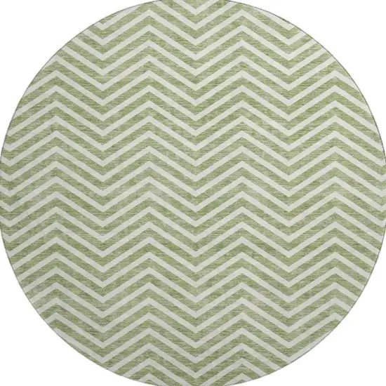 8' Green And Ivory Chevron Washable Round Rug With UV Protection Photo 2