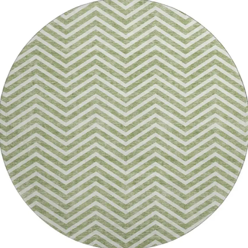 8' Green And Ivory Chevron Washable Round Rug With UV Protection Photo 2
