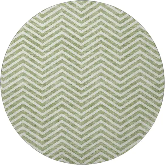 8' Green And Ivory Chevron Washable Round Rug With UV Protection Photo 3