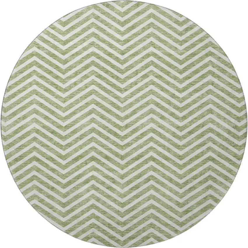 8' Green And Ivory Chevron Washable Round Rug With UV Protection Photo 3