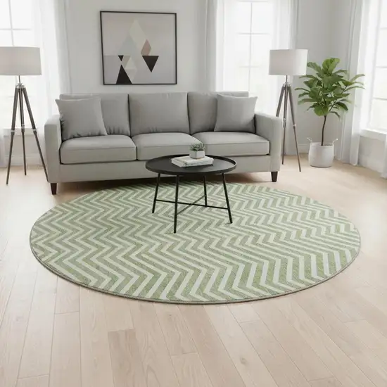 8' Green And Ivory Chevron Washable Round Rug With UV Protection Photo 2