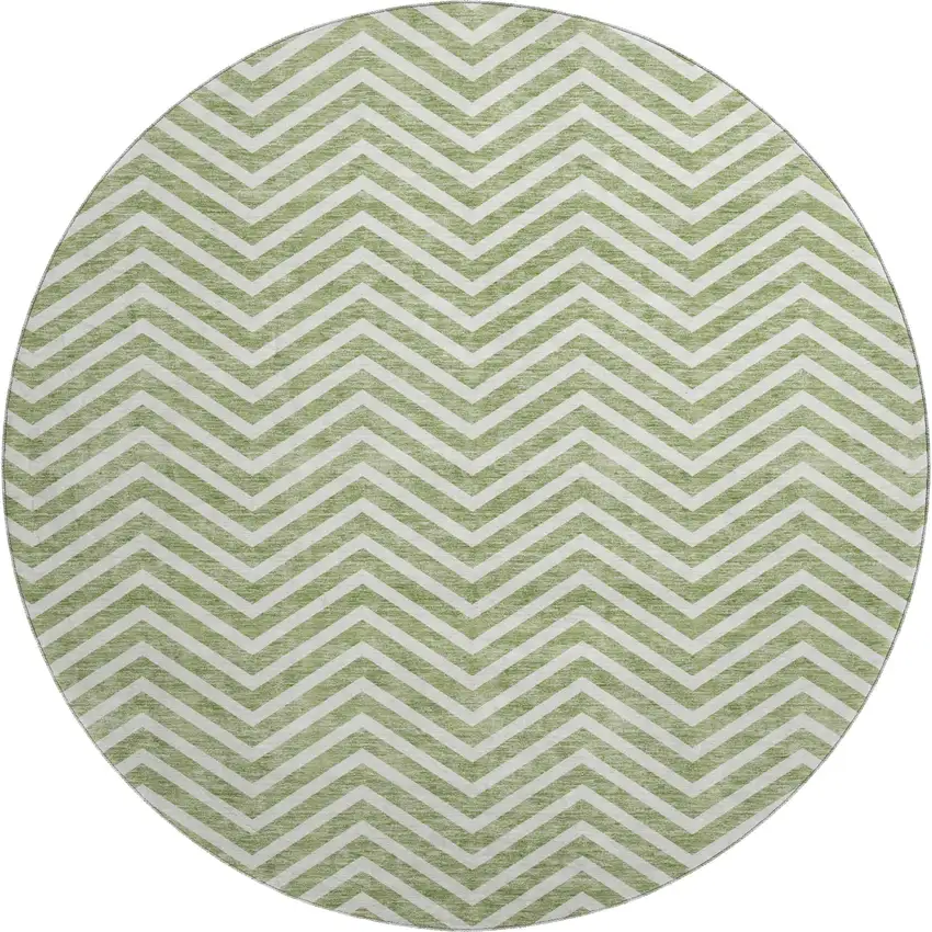 8' Green And Ivory Chevron Washable Round Rug With UV Protection Photo 1