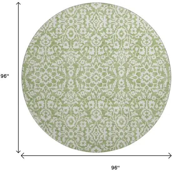 8' Green And Ivory Damask Washable Round Rug With UV Protection Photo 3