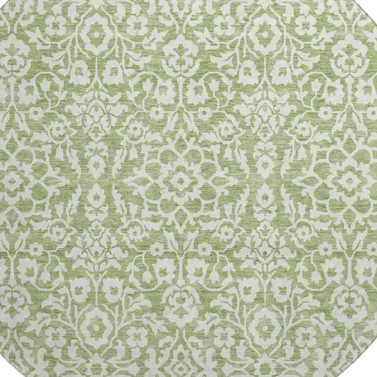 8' Green And Ivory Damask Washable Round Rug With UV Protection Photo 3