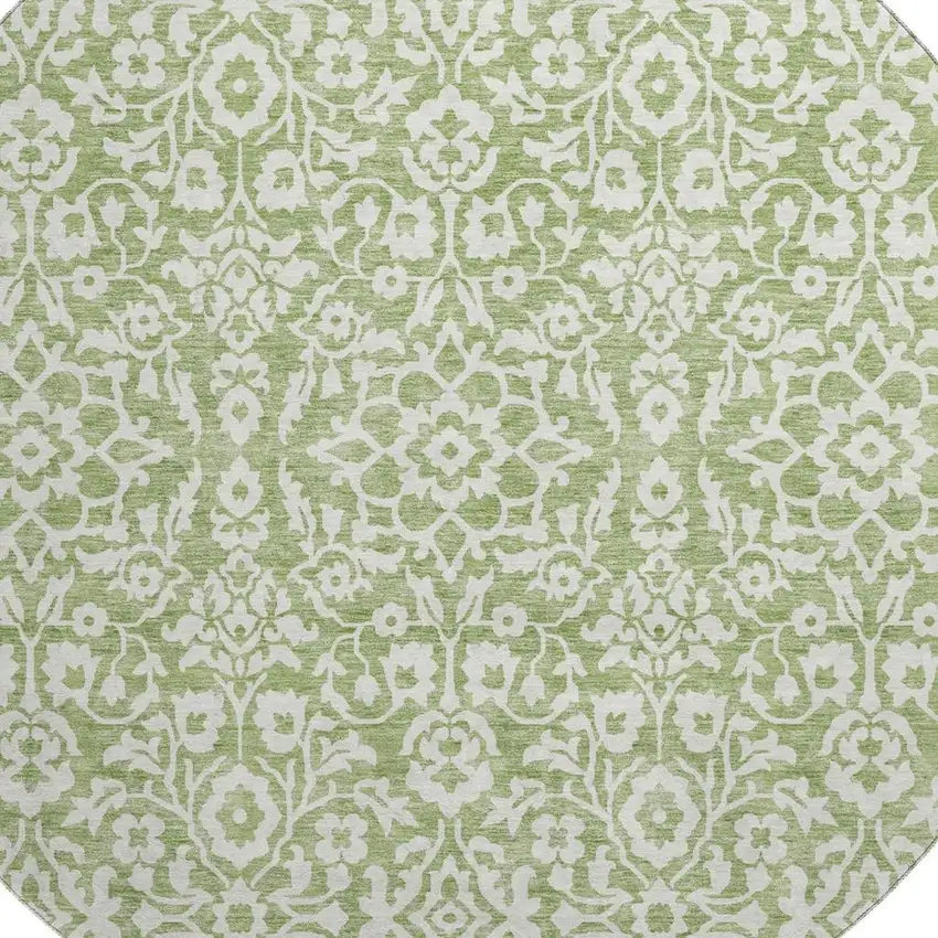 8' Green And Ivory Damask Washable Round Rug With UV Protection Photo 3