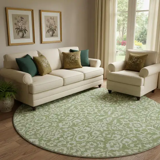 8' Green And Ivory Damask Washable Round Rug With UV Protection Photo 1