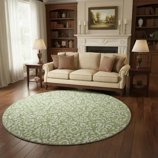 8' Green And Ivory Damask Washable Round Rug With UV Protection Photo 2