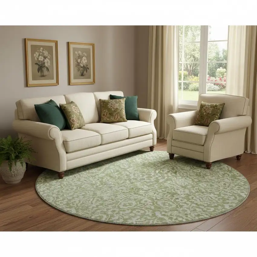 8' Green And Ivory Damask Washable Round Rug With UV Protection Photo 1