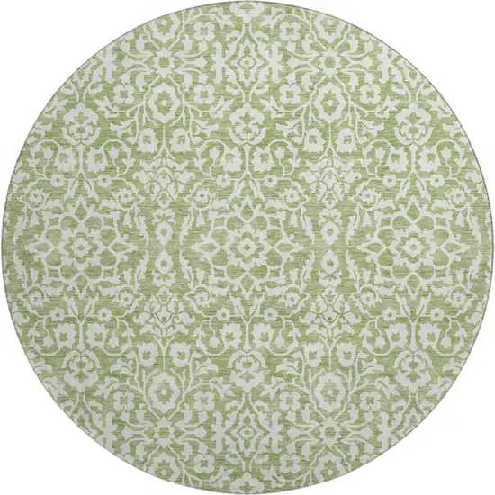 8' Green And Ivory Damask Washable Round Rug With UV Protection Photo 1