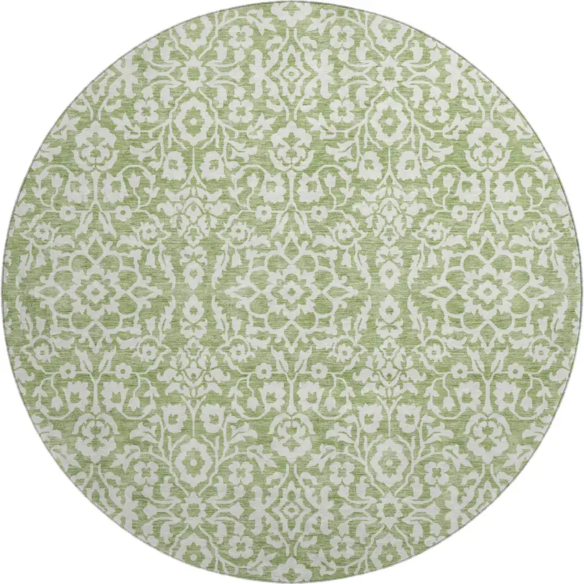 8' Green And Ivory Damask Washable Round Rug With UV Protection Photo 1