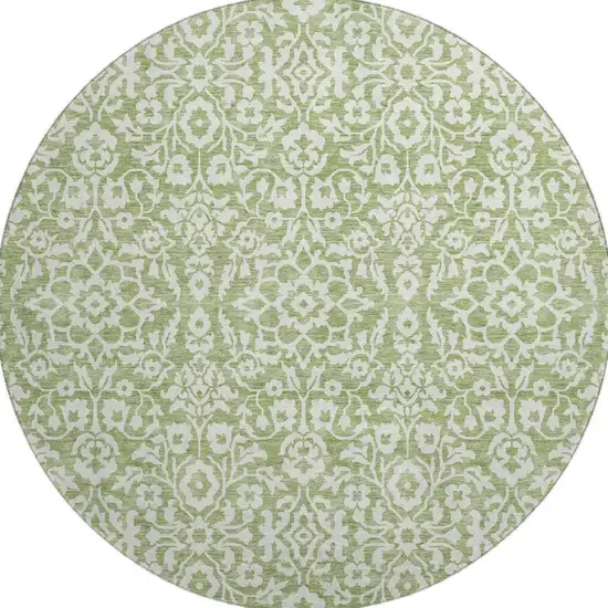 8' Green And Ivory Damask Washable Round Rug With UV Protection Photo 4