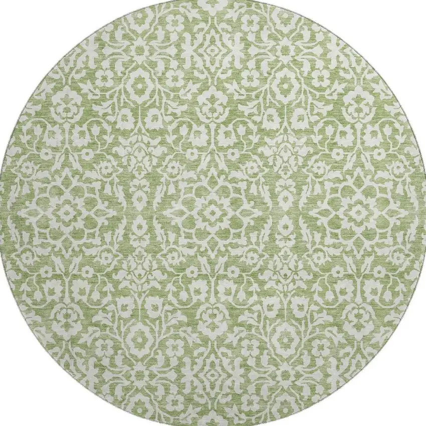 8' Green And Ivory Damask Washable Round Rug With UV Protection Photo 4