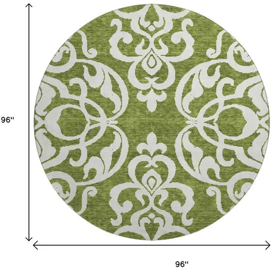 8' Green And Ivory Damask Washable Round Rug With UV Protection Photo 9