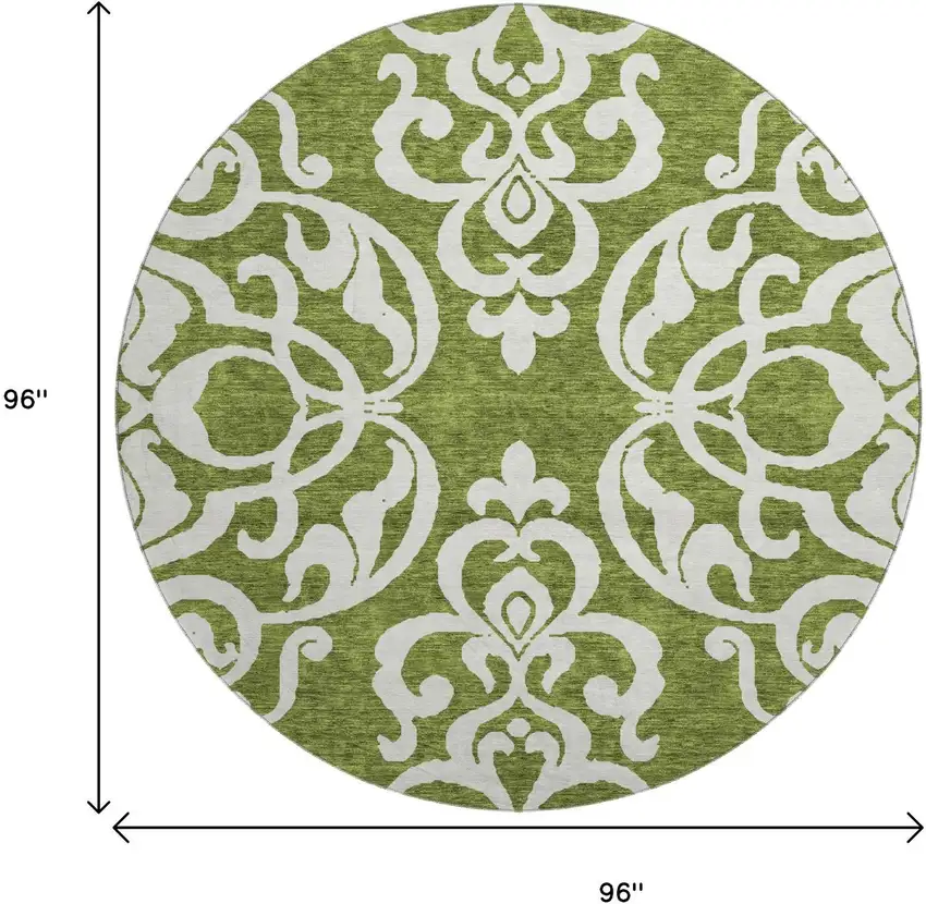 8' Green And Ivory Damask Washable Round Rug With UV Protection Photo 9