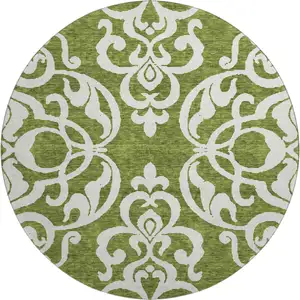 Photo of 8' Green And Ivory Damask Washable Round Rug With UV Protection