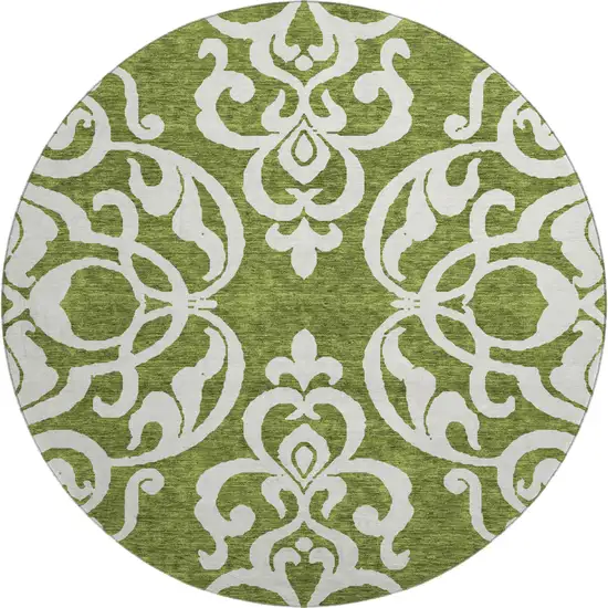 8' Green And Ivory Damask Washable Round Rug With UV Protection Photo 1
