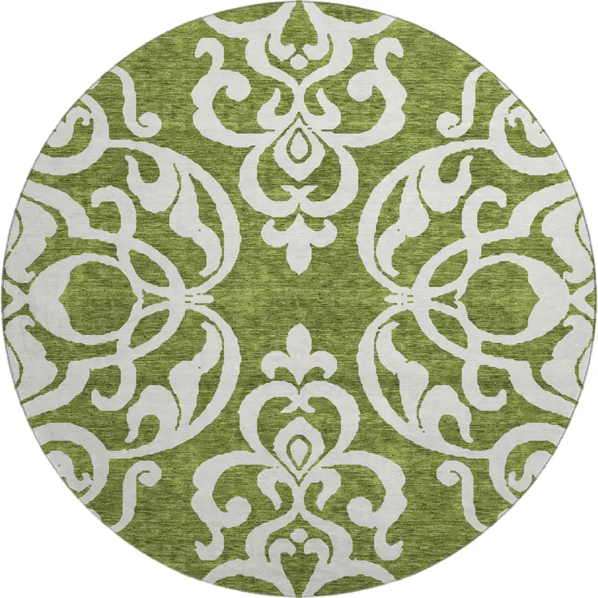 8' Green And Ivory Damask Washable Round Rug With UV Protection Photo 1