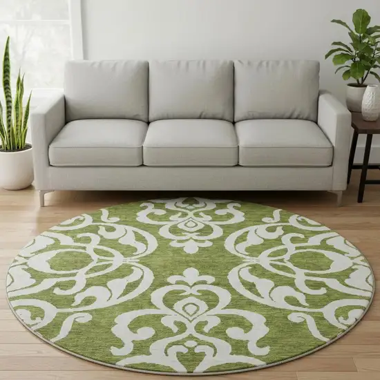 8' Green And Ivory Damask Washable Round Rug With UV Protection Photo 2