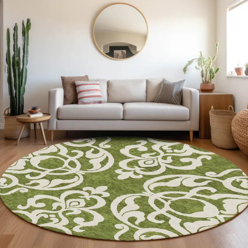 8' Green And Ivory Damask Washable Round Rug With UV Protection Photo 4