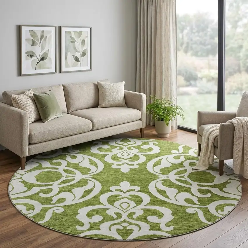 8' Green And Ivory Damask Washable Round Rug With UV Protection Photo 1