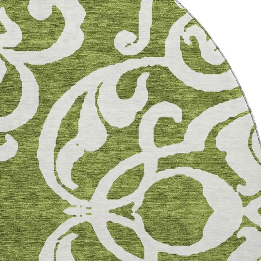 8' Green And Ivory Damask Washable Round Rug With UV Protection Photo 3